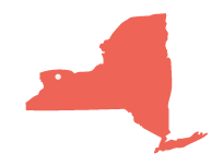 A silhouette of New York State in red with a white dot on the City of Rochester